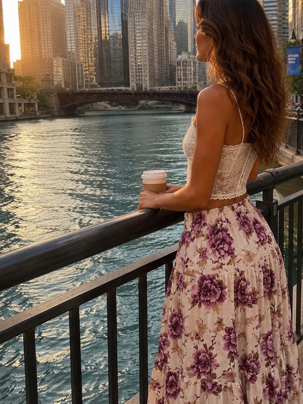 Abercrombie & Fitch Cream Maxi Skirt with Purple Floral Print